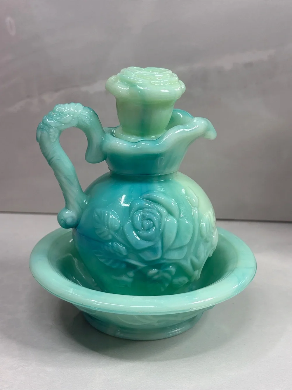 Vintage 1971 Avon Victoriana Skin So Soft Jadeite Slag Glass Pitcher & Bowl Set